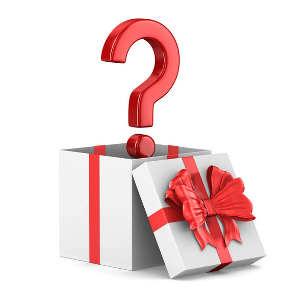 открыть белую подарочную коробку и вопрос на белом фоне. Isolated 3

