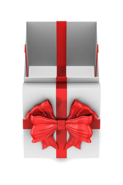 Confezione regalo bianca aperta con fiocco rosso su sfondo bianco. Isolato 3 — Foto Stock
