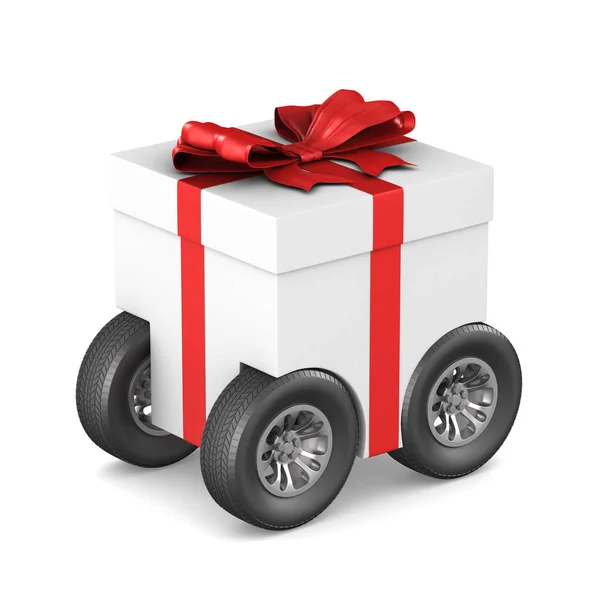 흰색 배경에 바퀴가있는 선물 상자. 격리된 3D 설명비율 — 스톡 사진