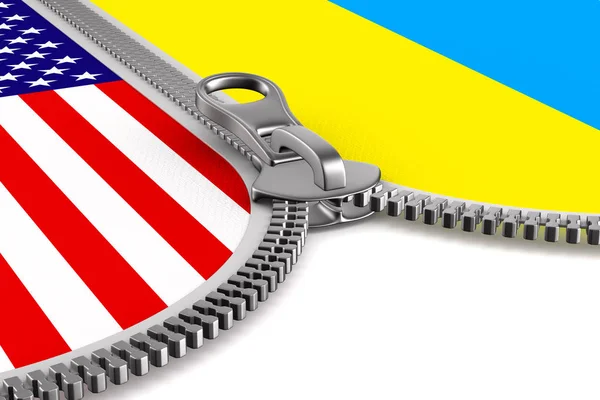 Flag USA and Ukraine and zipper. 3D illustration — Stock Photo, Image