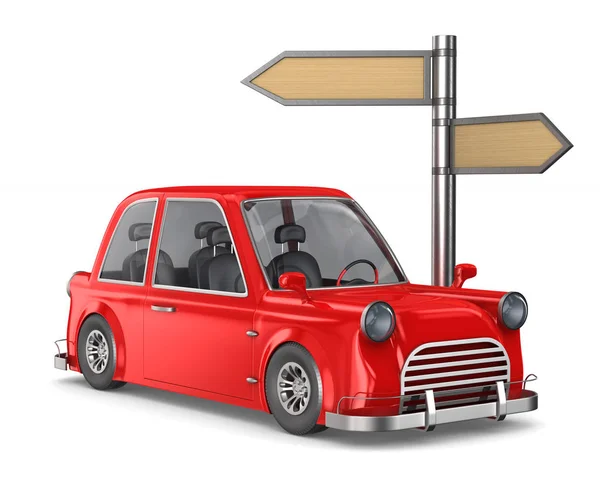 Rotes Auto und Straßenzeiger auf weißem Hintergrund. isolierte 3d illust — Stockfoto