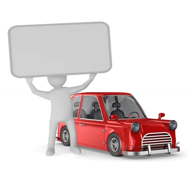 Hombre con pancarta y coche rojo sobre fondo blanco. Enfermedad aislada en 3D —  Fotos de Stock