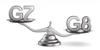 Scales and sign G7, G8 on white background. Isolated 3D illustra clipart