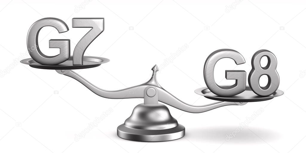 Scales and sign G7, G8 on white background. Isolated 3D illustra
