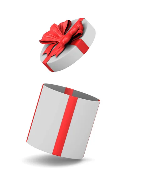 Відкрита біла подарункова коробка з червоним бантом на білому тлі. Ізольовані 3 — стокове фото