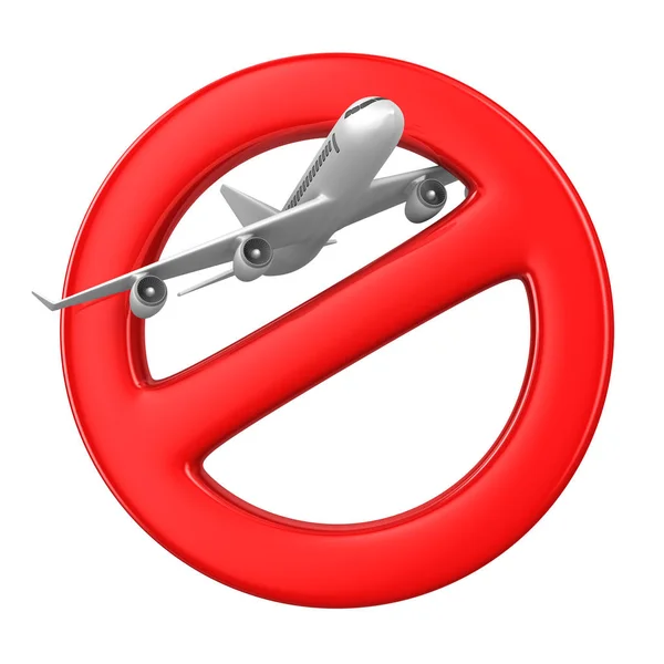 Samolot i znak zabronione na białym tle. Izolowane 3D źle — Zdjęcie stockowe