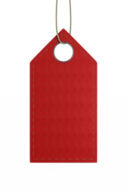 Beyaz arka planda kırmızı deri etiket. İzole edilmiş üç boyutlu illüstrasyon