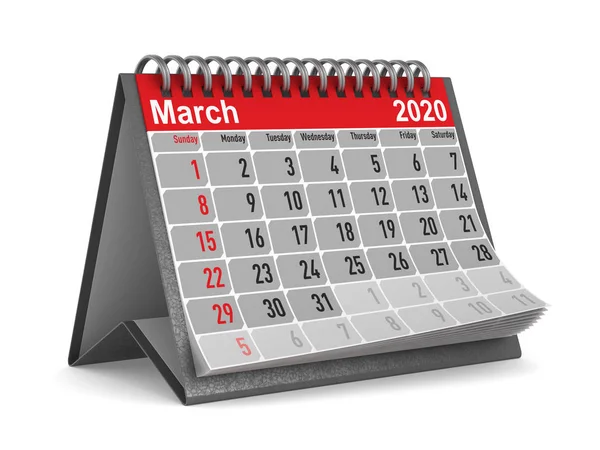 2020 έτος. Ημερολόγιο για τον Μάρτιο. Απομονωμένη απεικόνιση 3D — Φωτογραφία Αρχείου