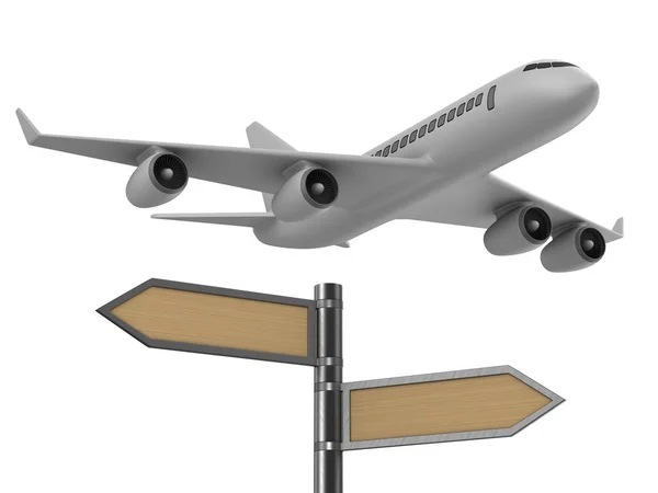 Airplane and signpost on white background. Isolated 3D illustrat — Stock Photo, Image