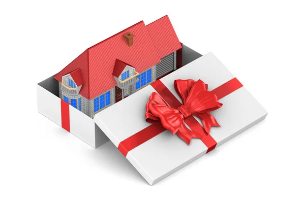 Açık beyaz hediye kutusu ve beyaz arka planda ev. İzole 3D i — Stok fotoğraf