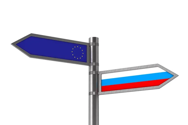 Beyaz arka planda Avrupa Birliği ve Rusya bayrak. Yalıtılmış 3d illüstrasyon — Stok fotoğraf