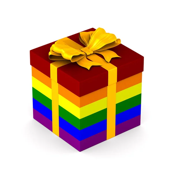 Lgbt gift box with golden bow on white background. Isolated 3D i — Stock Photo, Image