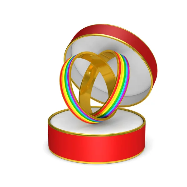 Dos anillos lgbt en caja de regalo sobre fondo blanco. Aislado 3D il —  Fotos de Stock