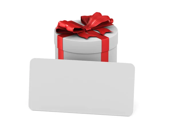 Białe pudełko z czerwonym Bow ANS etykieta na białym tle. Na białym tle 3 — Zdjęcie stockowe