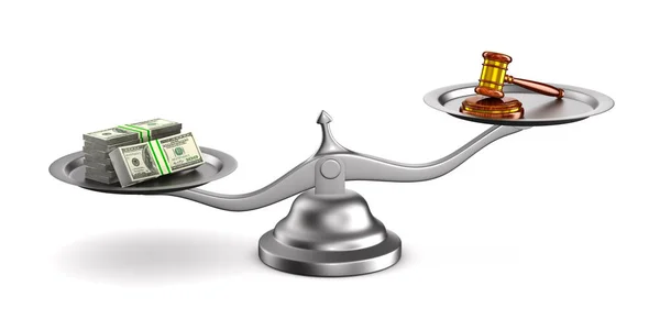 Wooden gavel, money and scale on white background. Isolated 3D i — Stock Photo, Image