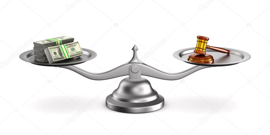 wooden gavel, money and scale on white background. Isolated 3D i