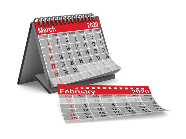 2020 έτος. Ημερολόγιο για τον Μάρτιο. Απομονωμένη απεικόνιση 3D — Φωτογραφία Αρχείου