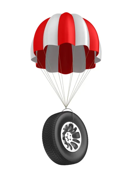 降落伞和白色背景上的车轮。隔离 3d 插图 — 图库照片