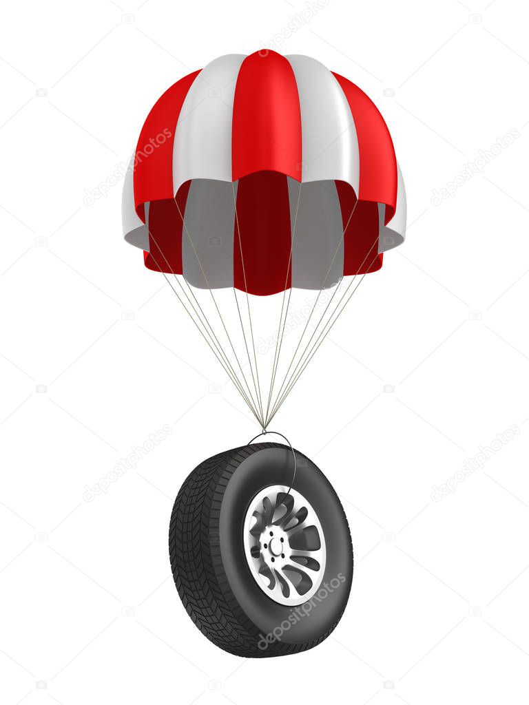 parachute and wheel on white background. Isolated 3D illustratio