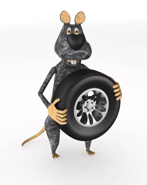 Rat with tyre on white background. Isolated 3d illustration — Stock Photo, Image