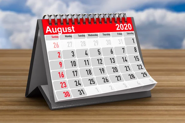 År 2020. Kalender för augusti. 3D-illustration — Stockfoto