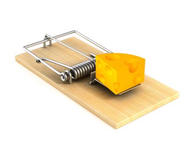 mousetrap and cheese on white background. Isolated 3D illustrati clipart