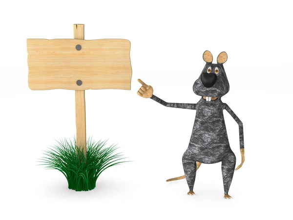 Rat and wooden banner on white background. Isolated 3d illustrat — Stock Photo, Image