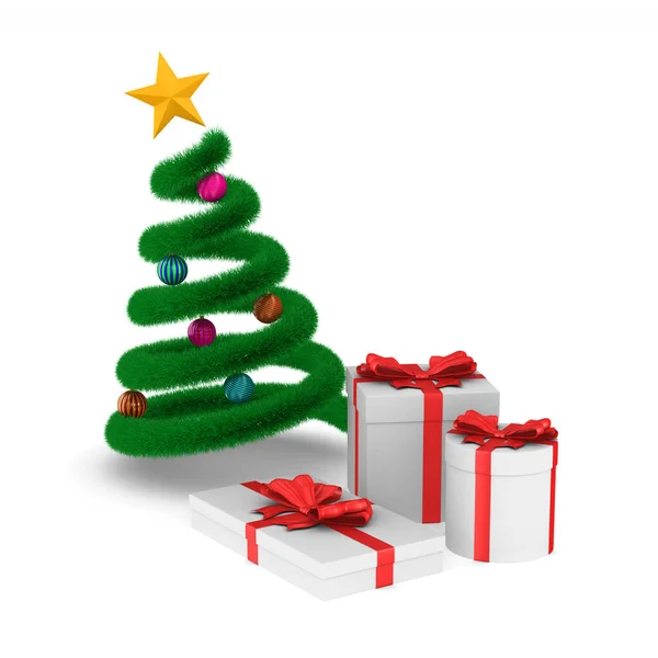 白色背景的礼品盒和圣诞树。 孤立的3d i — 图库照片