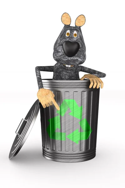Rato em cesta de lixo no fundo branco. Isolado 3D illustr — Fotografia de Stock