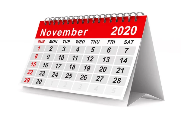 2020 yılı. Kasım takvimi. Yalıtılmış 3d illüstrasyon — Stok fotoğraf