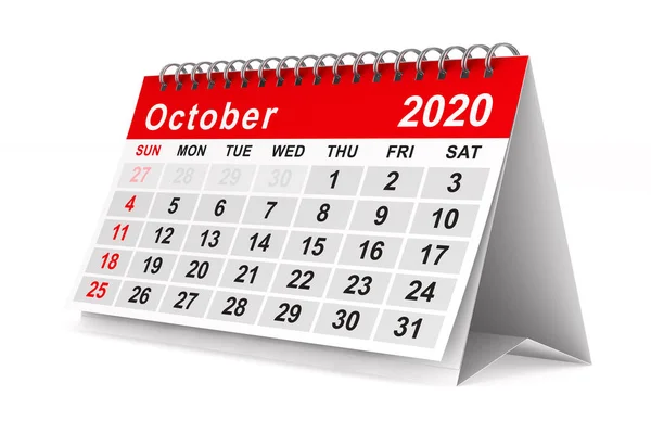 2020 yılı. Ekim takvimi. Yalıtılmış 3d illüstrasyon — Stok fotoğraf