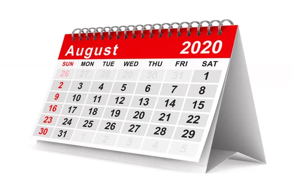 Año 2020. Calendario para agosto. Ilustración 3D aislada — Foto de Stock
