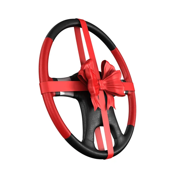 Steering wheel with bow on white background. Isolated 3D illustr — Stock Photo, Image