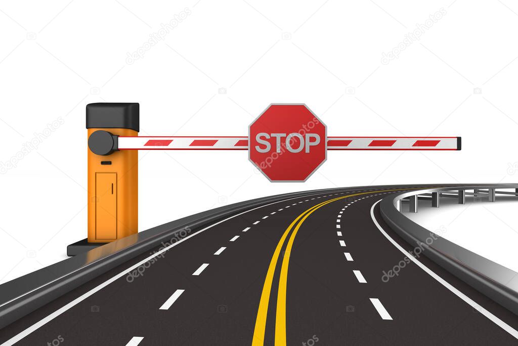 closed automatic barrier and road on white background. Isolated 3D illustration