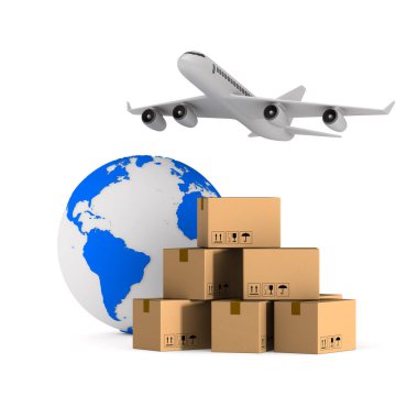 Beyaz arka planda küresel ulaşım malları. İzole edilmiş üç boyutlu illüstrasyon