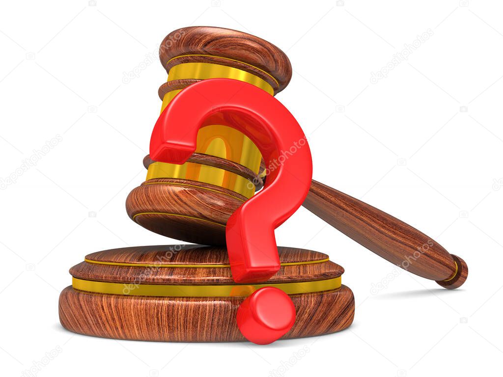 judge gavel and question on white background. Isolated 3D illustration