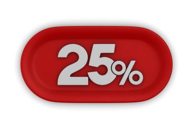 Beyaz arka planda% 25 'lik bir düğme. İzole edilmiş üç boyutlu illüstrasyon