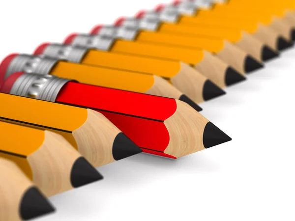 Unique Red Wooden Pencil Eraser Standing Out Orange Crowd White — Stock Photo, Image