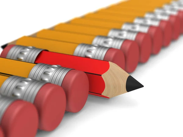 Unique Red Wooden Pencil Eraser Standing Out Orange Crowd White — Stock Photo, Image