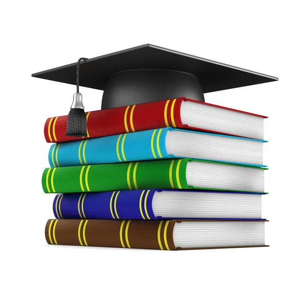 毕业帽和白色背景的书 孤立的3D插图 — 图库照片