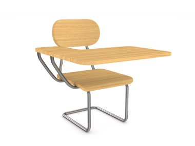 Beyaz arka planda okul masası ve sandalye. İzole edilmiş üç boyutlu illüstrasyon