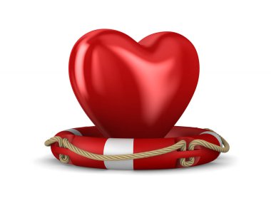 Beyaz arka planda can simidi ve kalp. İzole edilmiş 3d illüstrasyon