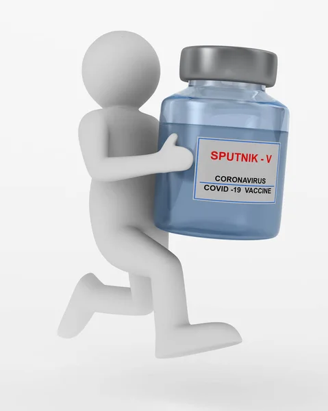 Homem Carrega Vacina Covid Sputnik Fundo Branco Isolado Ilustração — Fotografia de Stock