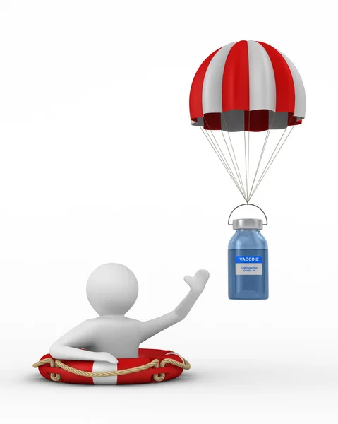 白色背景的Covid 19的降落伞和疫苗 孤立的3D插图 — 图库照片
