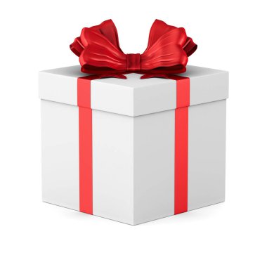 Beyaz arka planda kırmızı fiyonklu beyaz kutu. İzole edilmiş üç boyutlu illüstrasyon