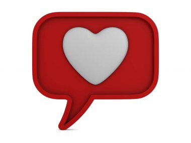 Kabarcık dili ve beyaz arka planda kalp. İzole edilmiş üç boyutlu illüstrasyon