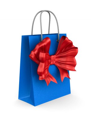 Beyaz önlüklü kırmızı kağıt hediye çantası. İzole edilmiş üç boyutlu illüstrasyon