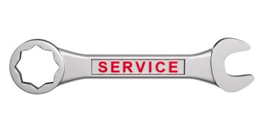 Beyaz arka planda mesaj servisi olan İngiliz anahtarı. İzole edilmiş üç boyutlu illüstrasyon