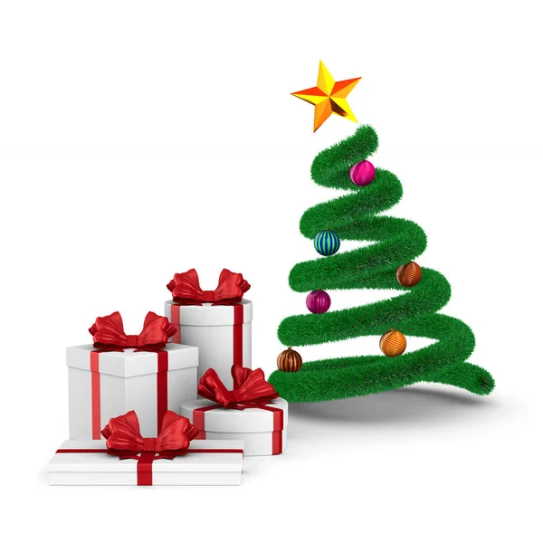Gift Boxes Red Bow Christmas Tree White Background Isolated Illustratio — Stock Photo, Image