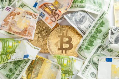 Bir dolar için Exchange bitcoin. Finans arka plan.